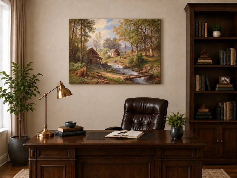 Peinture à l'huile de paysage - Chaumières au bord d'un ruisseau forestier