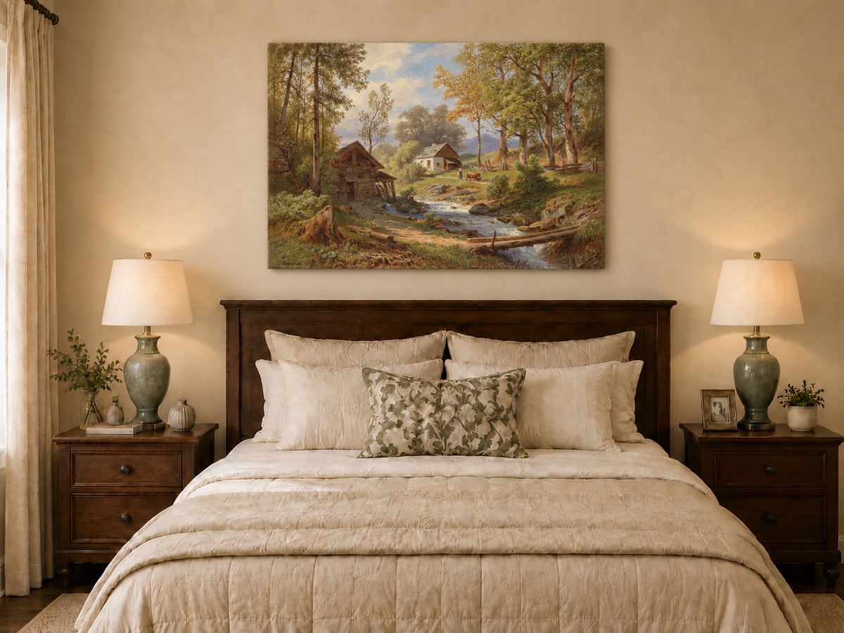 Peinture à l'huile de paysage - Chaumières au bord d'un ruisseau forestier