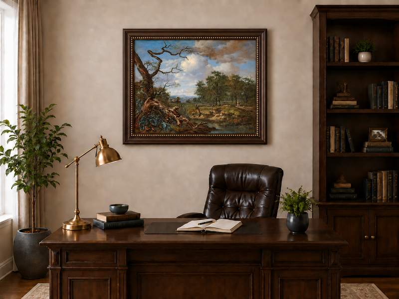 Landschaftsgemälde in Öl: Waldbach mit knorrigem Baum und Figuren