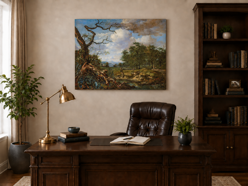 Landschaftsgemälde in Öl: Waldbach mit knorrigem Baum und Figuren
