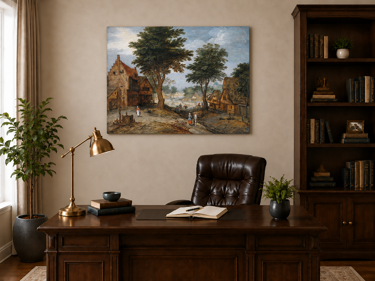Ölgemälde Landschaft - Ländliches Dorf & Gebäude
