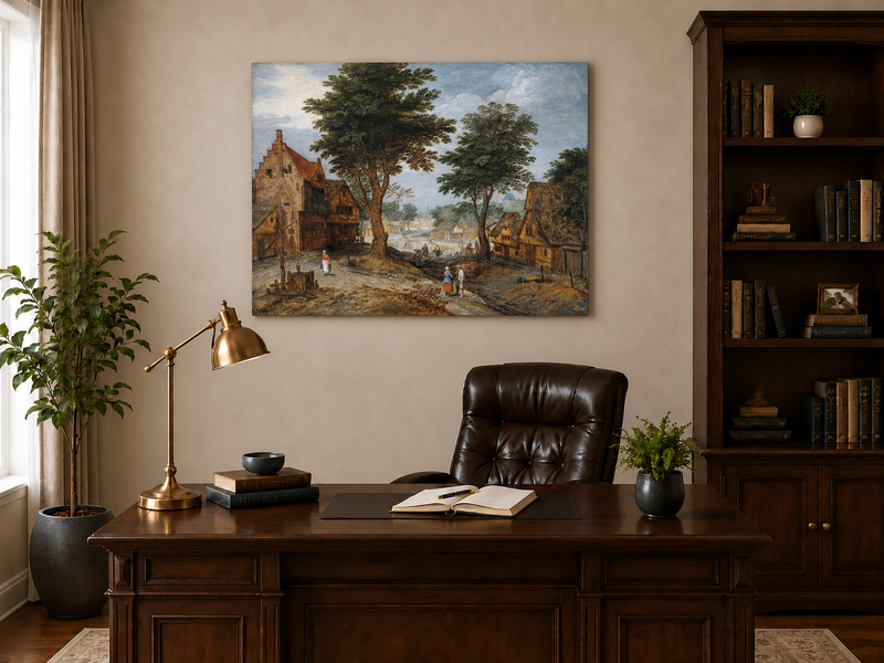 Ölgemälde Landschaft - Ländliches Dorf & Gebäude