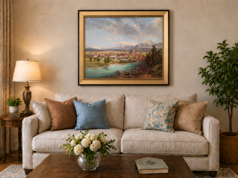 Peinture à l'huile de paysage - Ville européenne au bord de la rivière, montagnes