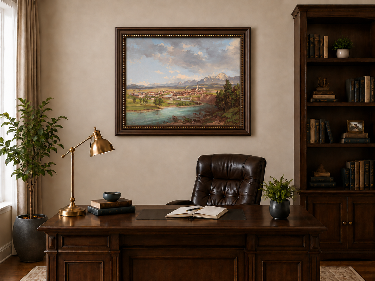 Peinture à l'huile de paysage - Ville européenne au bord de la rivière, montagnes