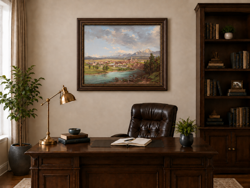 Peinture à l'huile de paysage - Ville européenne au bord de la rivière, montagnes