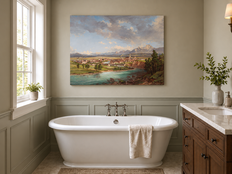 Peinture à l'huile de paysage - Ville européenne au bord de la rivière, montagnes