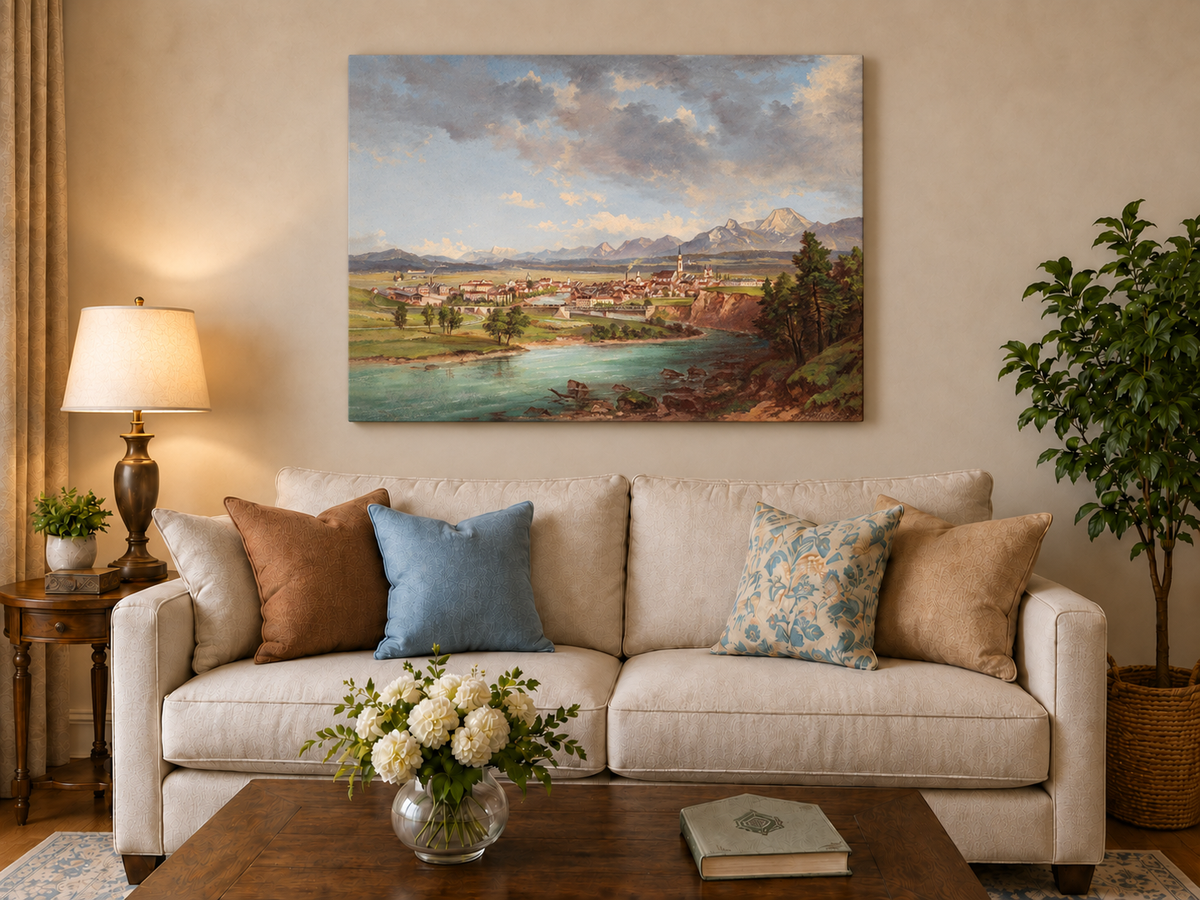 Peinture à l'huile de paysage - Ville européenne au bord de la rivière, montagnes