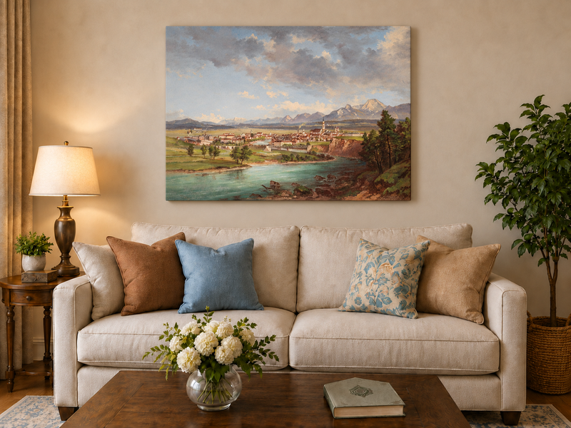 Peinture à l'huile de paysage - Ville européenne au bord de la rivière, montagnes