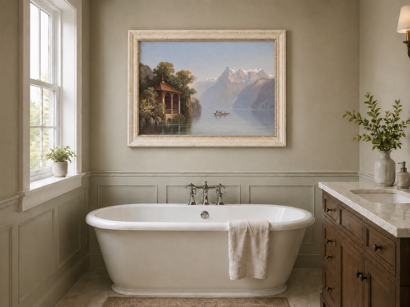 Peinture à l'huile de paysage - Pavillon au bord du lac et Alpes | Peint à la main