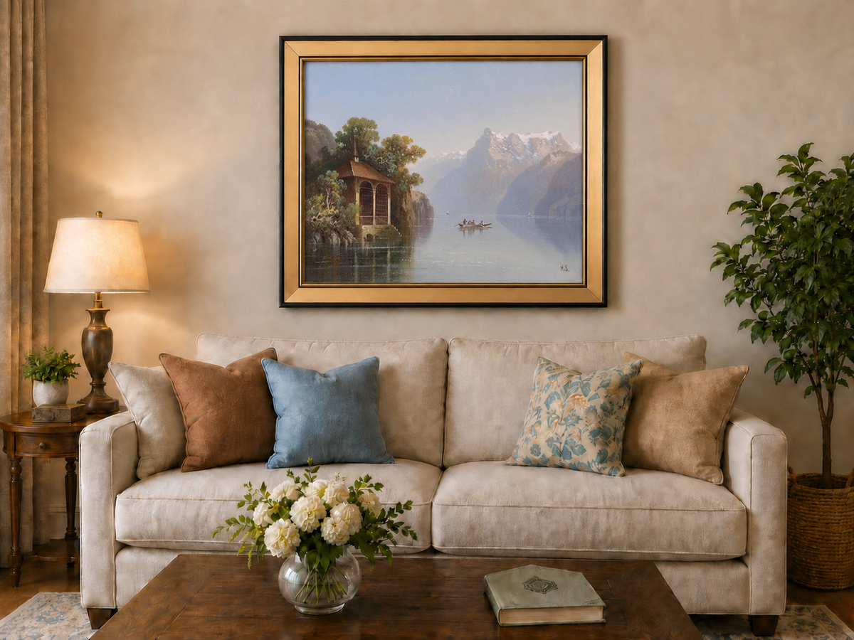 Peinture à l'huile de paysage - Pavillon au bord du lac et Alpes | Peint à la main