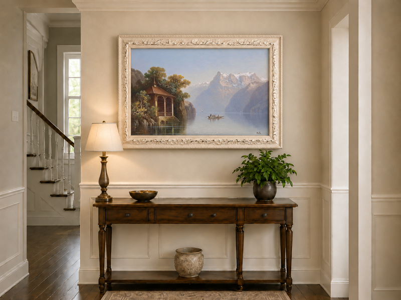 Peinture à l'huile de paysage - Pavillon au bord du lac et Alpes | Peint à la main