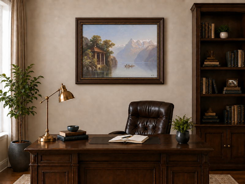 Peinture à l'huile de paysage - Pavillon au bord du lac et Alpes | Peint à la main