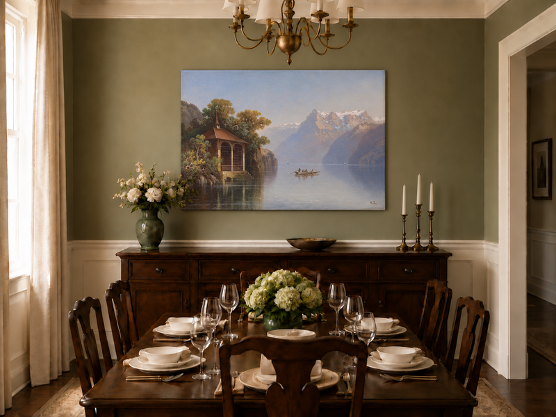 Peinture à l'huile de paysage - Pavillon au bord du lac et Alpes | Peint à la main
