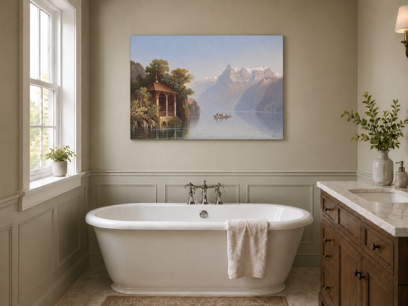 Peinture à l'huile de paysage - Pavillon au bord du lac et Alpes | Peint à la main