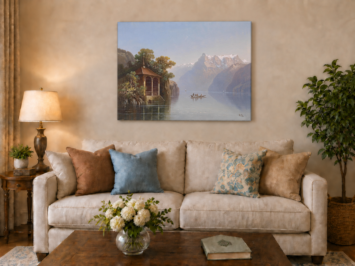 Peinture à l'huile de paysage - Pavillon au bord du lac et Alpes | Peint à la main
