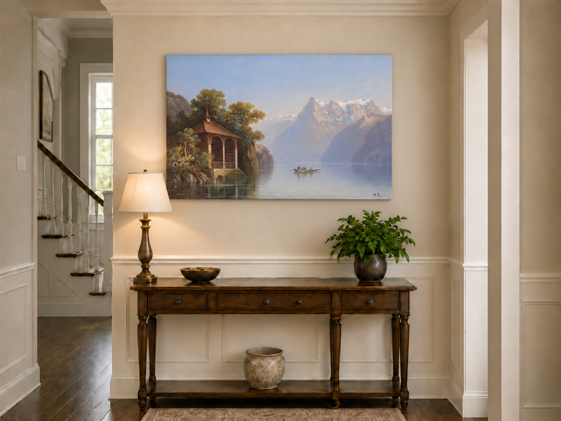 Peinture à l'huile de paysage - Pavillon au bord du lac et Alpes | Peint à la main