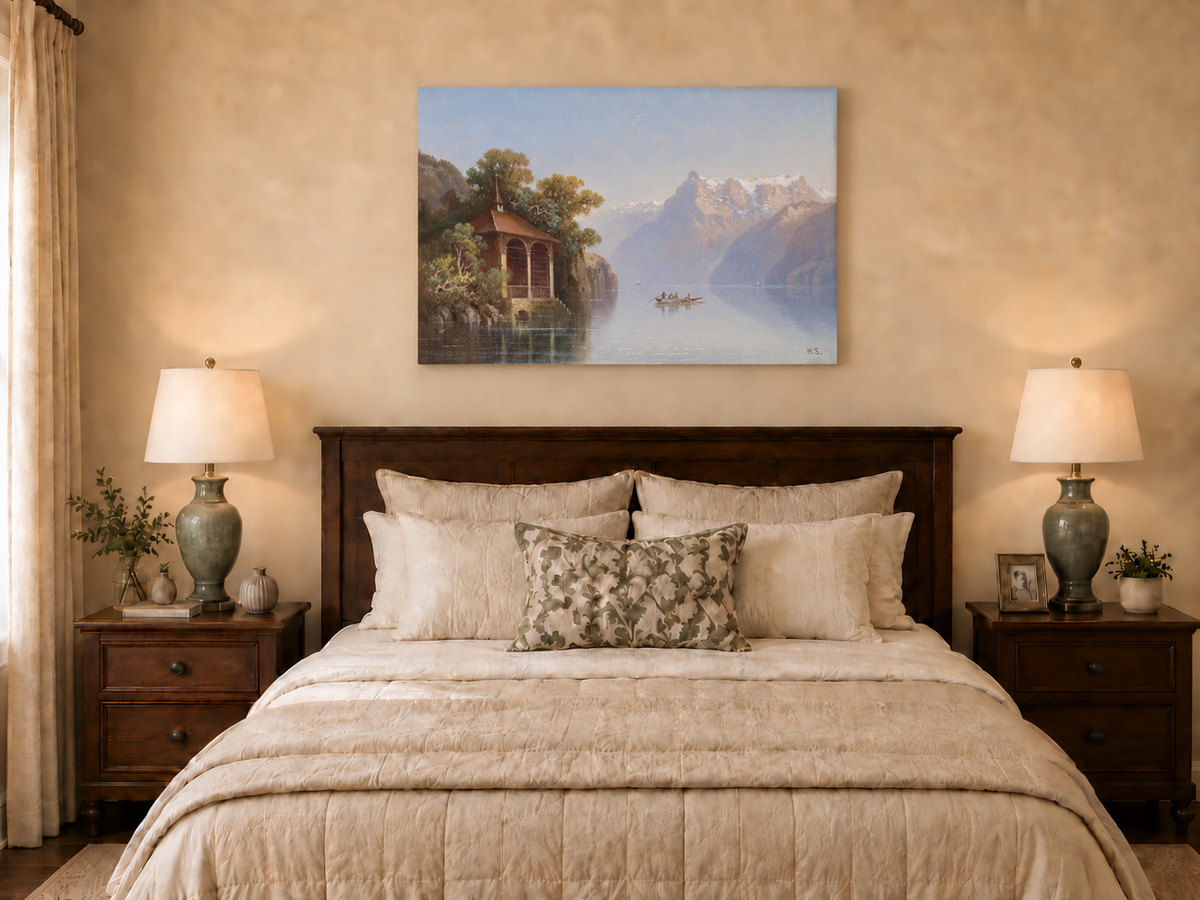 Peinture à l'huile de paysage - Pavillon au bord du lac et Alpes | Peint à la main