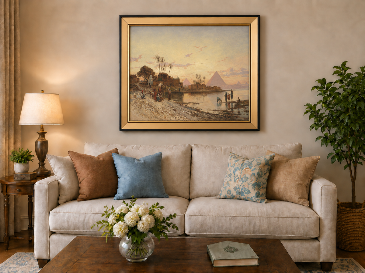 Peinture à l'huile de paysage - Rives du Nil au coucher du soleil avec pyramides