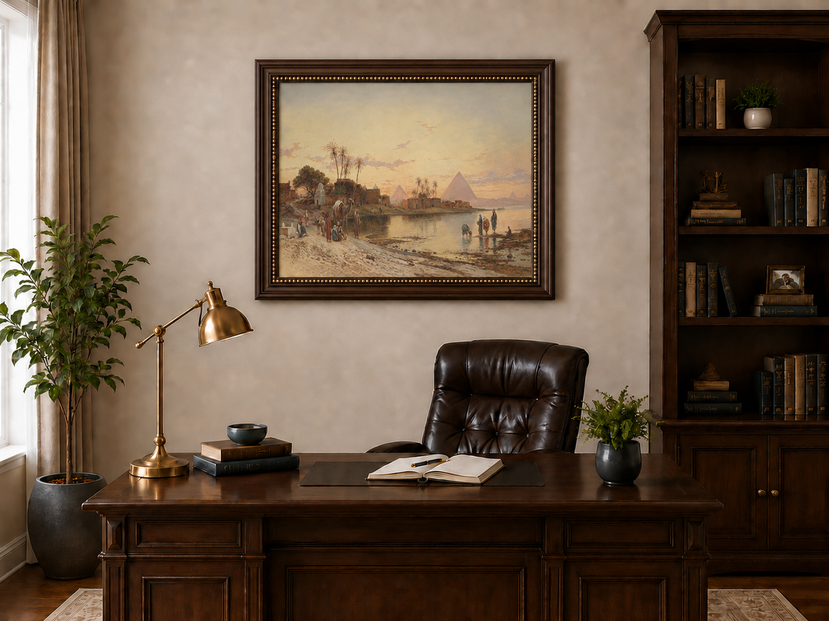 Peinture à l'huile de paysage - Rives du Nil au coucher du soleil avec pyramides