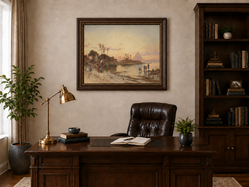 Peinture à l'huile de paysage - Rives du Nil au coucher du soleil avec pyramides