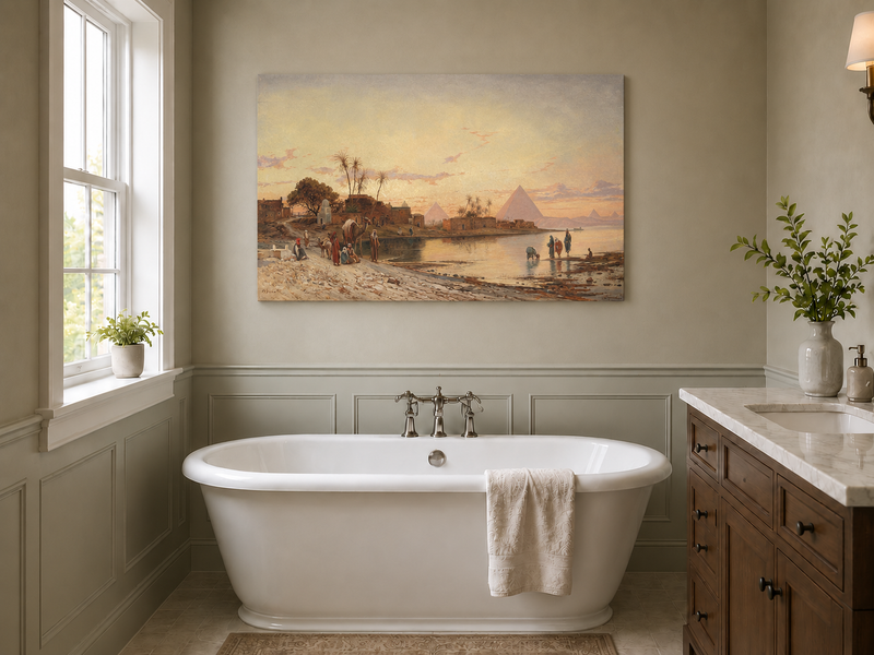 Peinture à l'huile de paysage - Rives du Nil au coucher du soleil avec pyramides