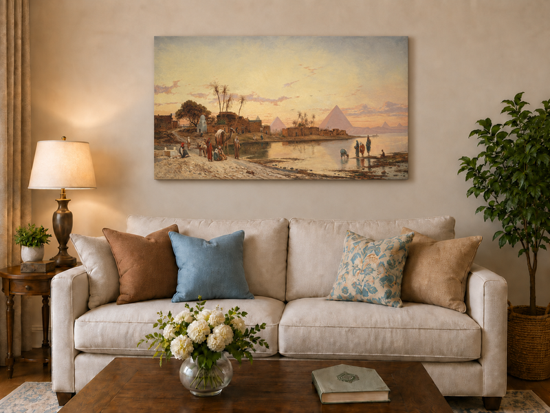 Peinture à l'huile de paysage - Rives du Nil au coucher du soleil avec pyramides