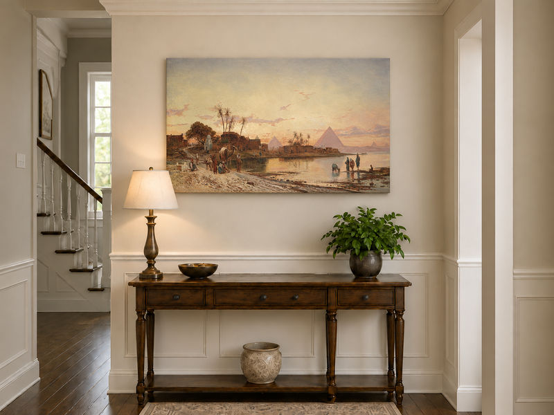 Peinture à l'huile de paysage - Rives du Nil au coucher du soleil avec pyramides