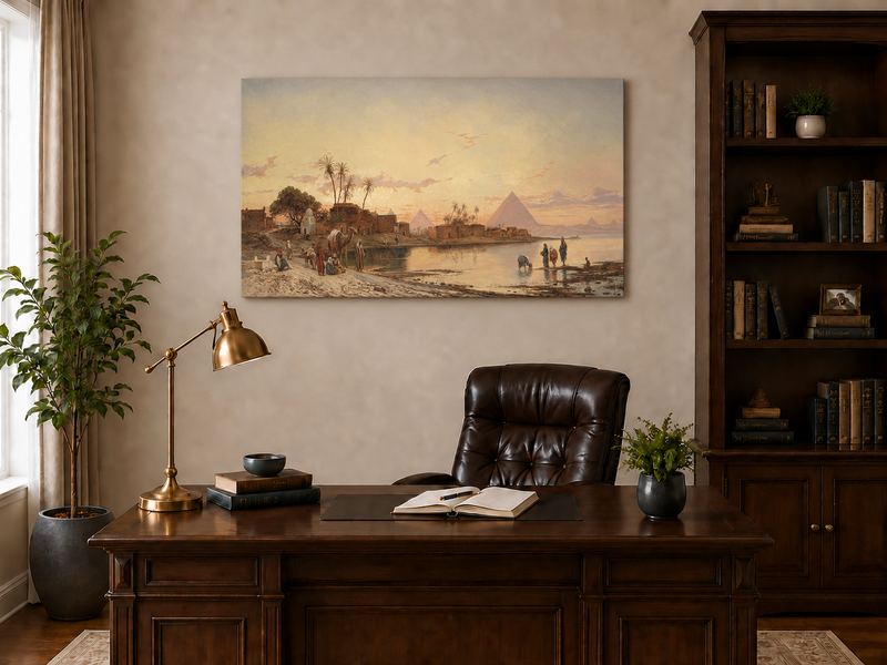 Peinture à l'huile de paysage - Rives du Nil au coucher du soleil avec pyramides