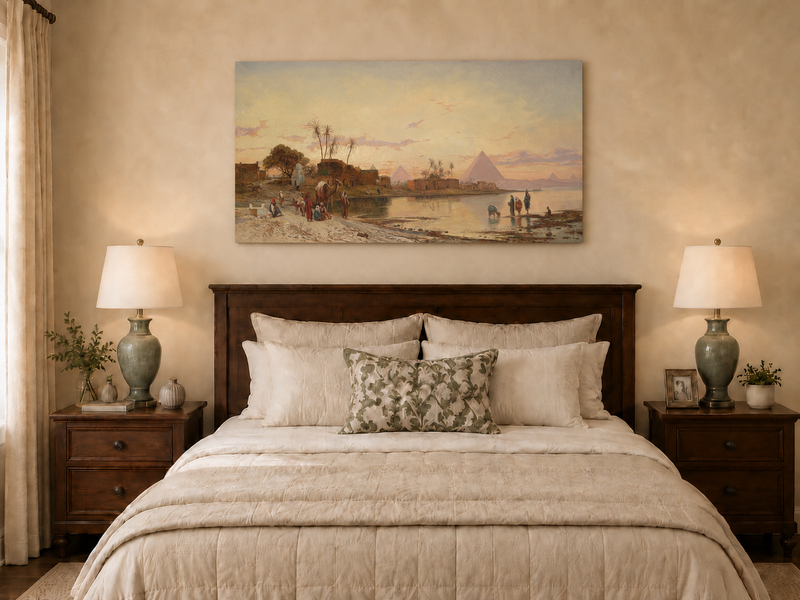 Peinture à l'huile de paysage - Rives du Nil au coucher du soleil avec pyramides