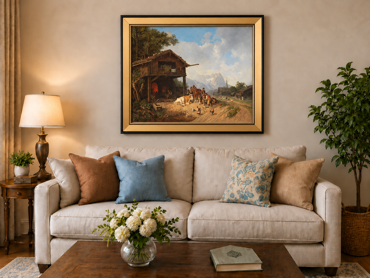 Landschaftsölgemälde - Rustikale Alpenfarm Pferde | Handgemalt