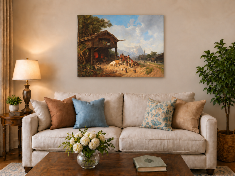 Landschaftsölgemälde - Rustikale Alpenfarm Pferde | Handgemalt