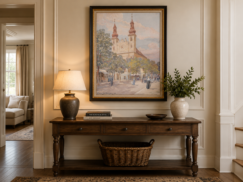 Landscape Oil Painting - Town Street Church, Towers & Pedestrians