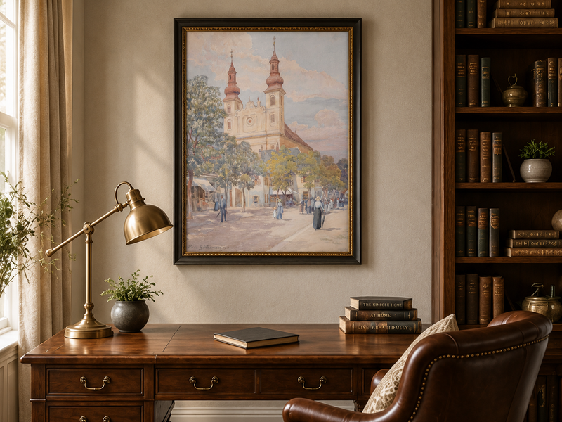 Landscape Oil Painting - Town Street Church, Towers & Pedestrians
