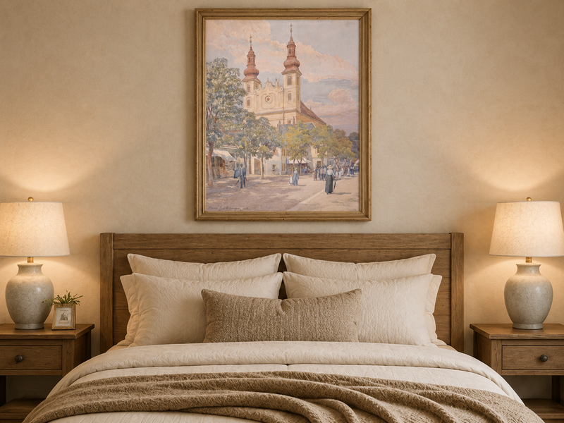 Landscape Oil Painting - Town Street Church, Towers & Pedestrians