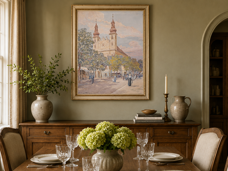 Landscape Oil Painting - Town Street Church, Towers & Pedestrians