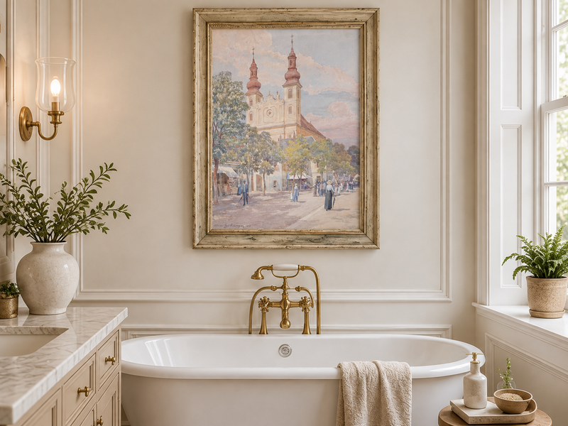 Landscape Oil Painting - Town Street Church, Towers & Pedestrians