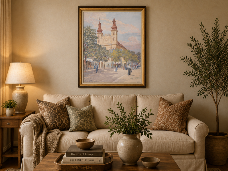 Landscape Oil Painting - Town Street Church, Towers & Pedestrians