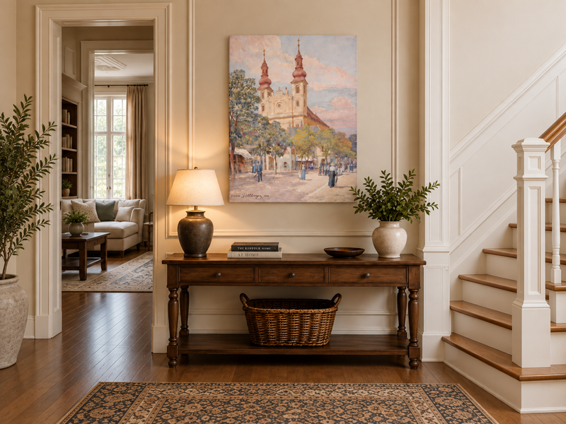 Landscape Oil Painting - Town Street Church, Towers & Pedestrians