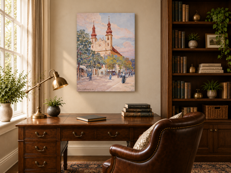 Landscape Oil Painting - Town Street Church, Towers & Pedestrians