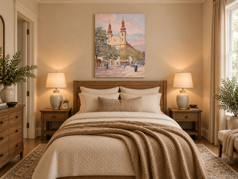 Landscape Oil Painting - Town Street Church, Towers & Pedestrians