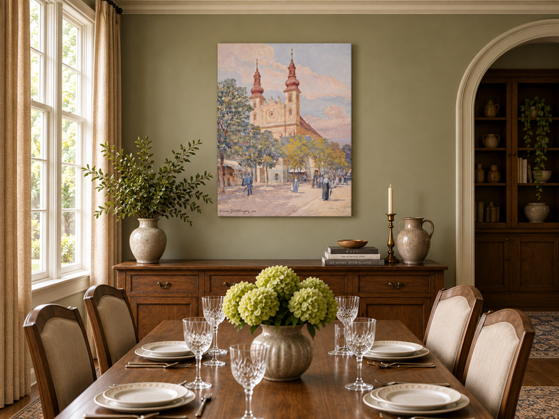 Landscape Oil Painting - Town Street Church, Towers & Pedestrians