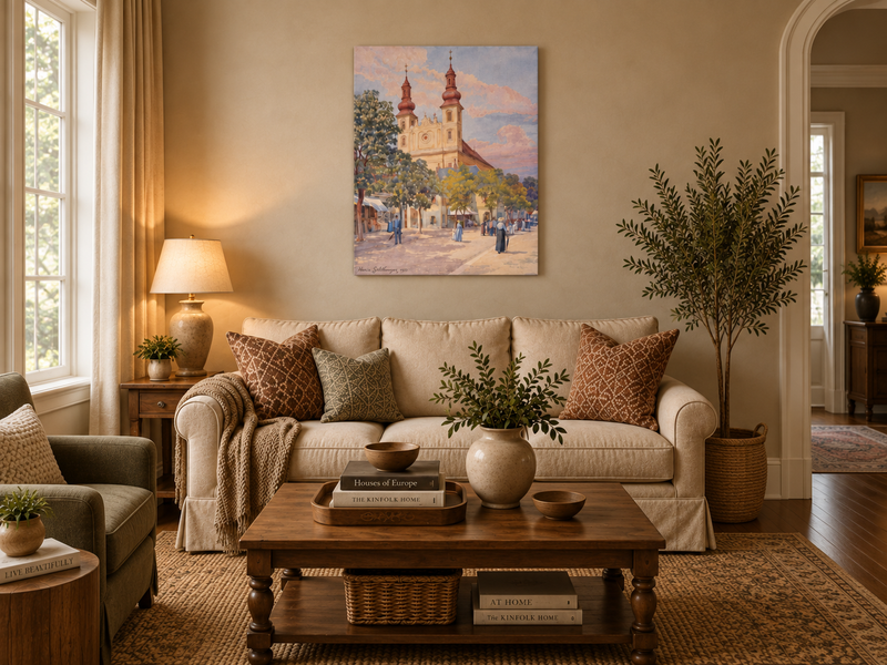 Landscape Oil Painting - Town Street Church, Towers & Pedestrians