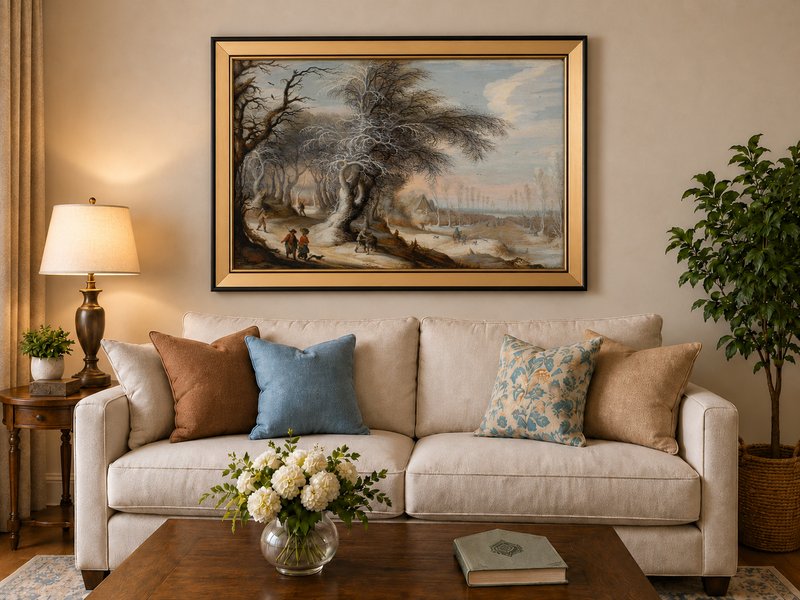 Peinture à l'huile de paysage - Village côtier avec phare et coucher de soleil