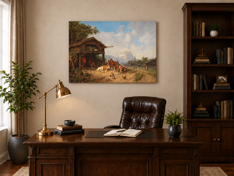Peinture à l'huile de paysage - Village côtier avec phare et coucher de soleil