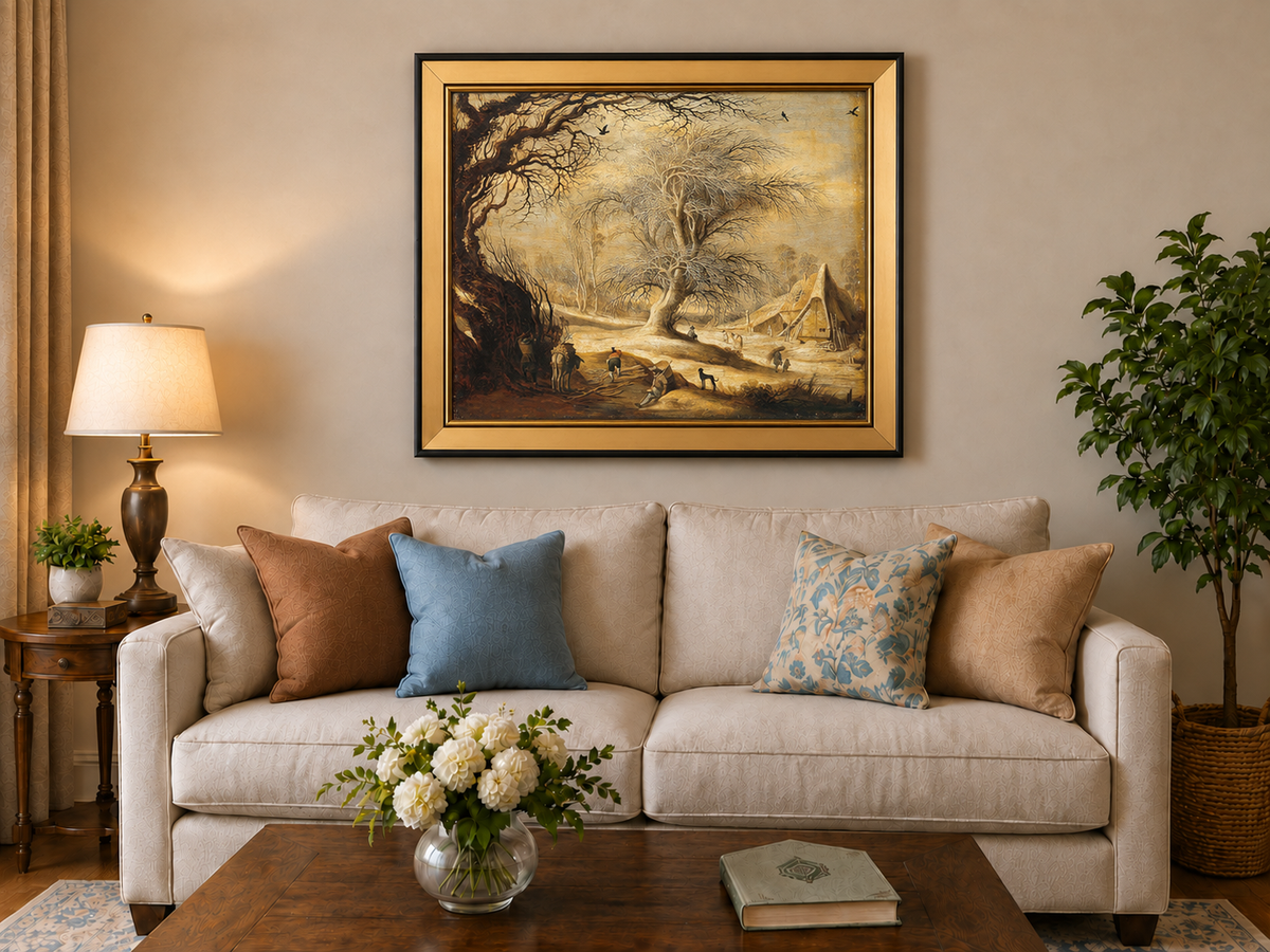 Landscape Oil Painting - Winter Farmyard with Bare Trees