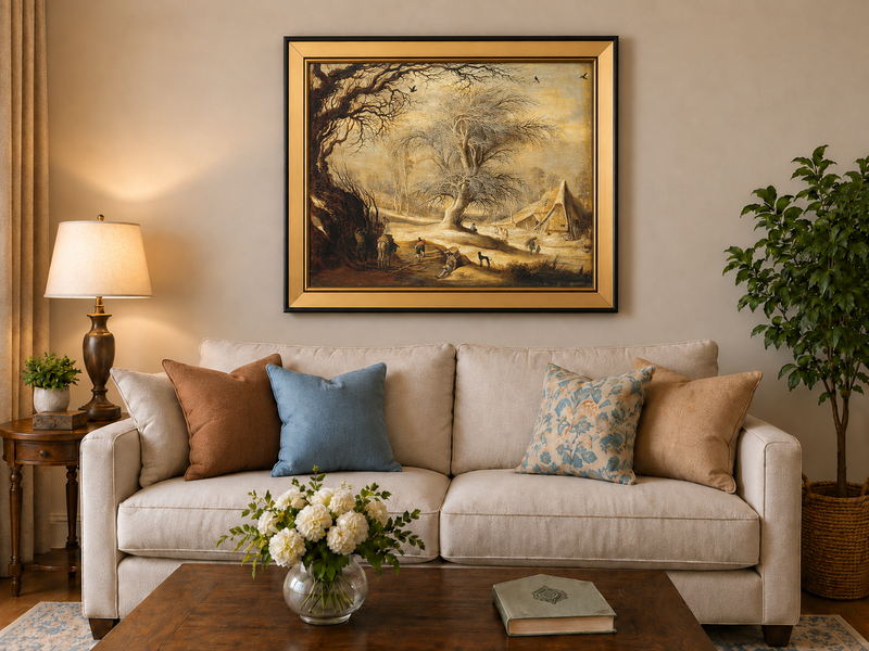Landscape Oil Painting - Winter Farmyard with Bare Trees