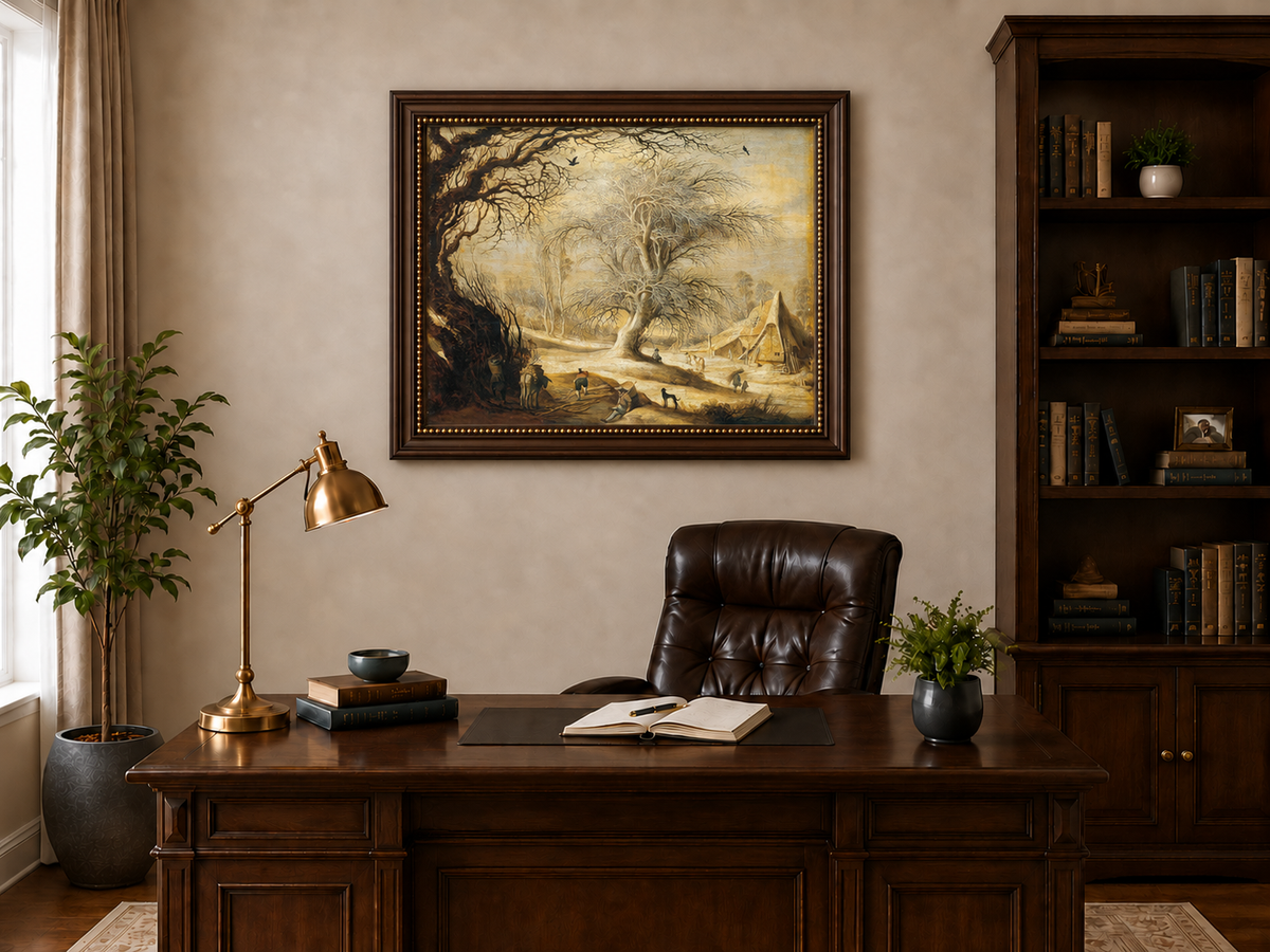 Landscape Oil Painting - Winter Farmyard with Bare Trees