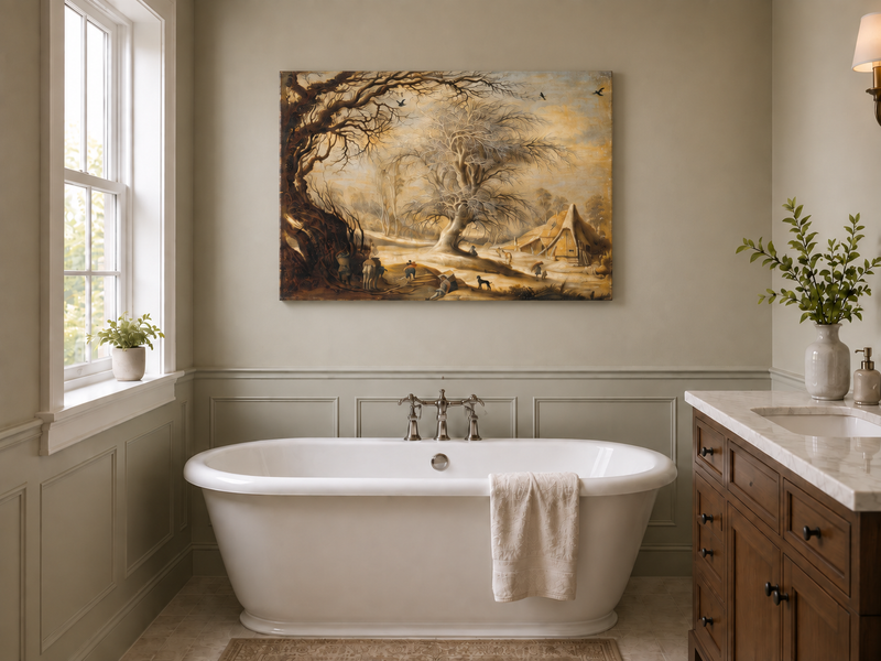 Landscape Oil Painting - Winter Farmyard with Bare Trees