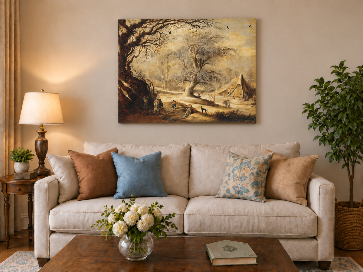 Landscape Oil Painting - Winter Farmyard with Bare Trees