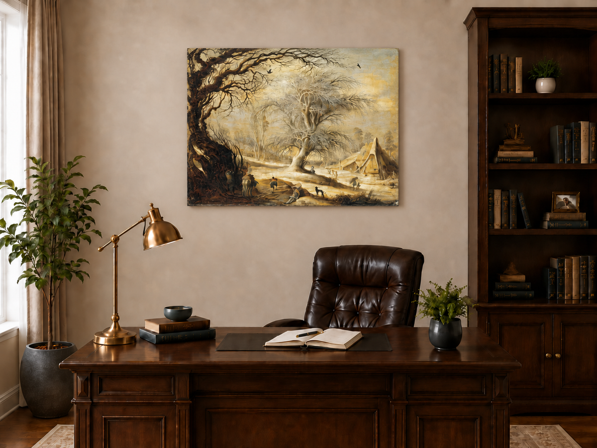 Landscape Oil Painting - Winter Farmyard with Bare Trees